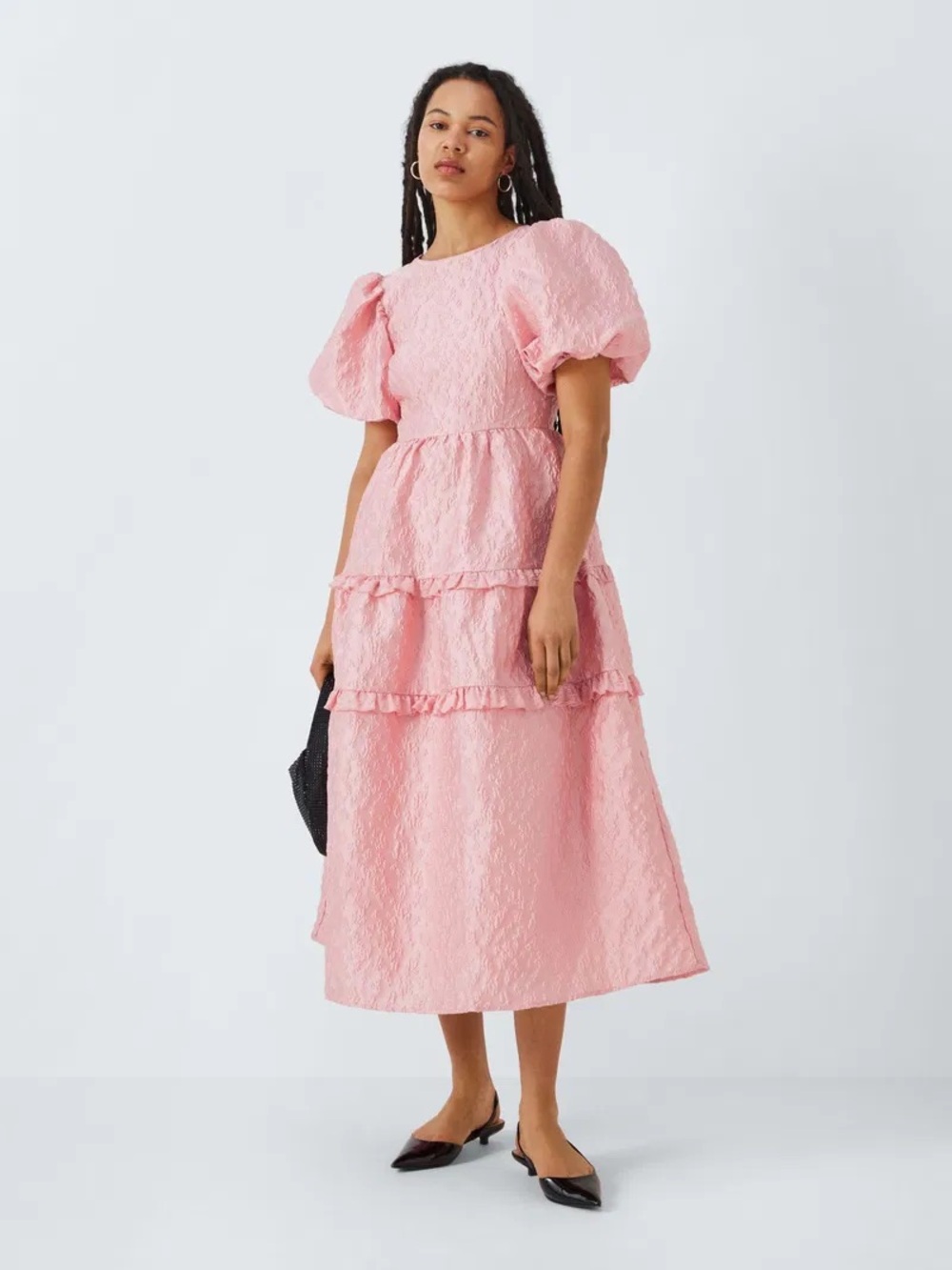 Sister Jane Pink Puff-Sleeve Tiered Midi Dress